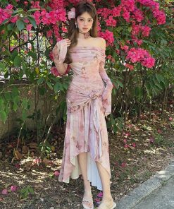 Butterfly Cherry Blossom Pink Off-the-Shoulder Irregular Slim Fit Long Dress - 90s Inspired Floral Stretch Fashion