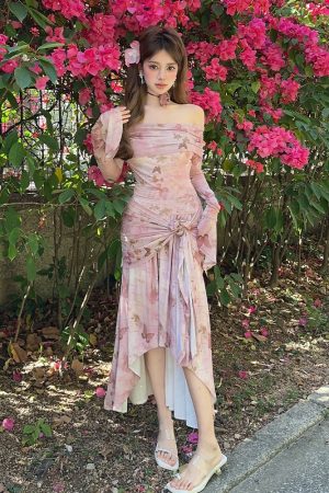 Butterfly Cherry Blossom Pink Off-the-Shoulder Irregular Slim Fit Long Dress - 90s Inspired Floral Stretch Fashion