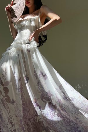 Butterfly Dance Purple Mist High-End Chiffon Ruffled Hem Long Dress - Fairy Style, Elegant Evening Wear, Perfect for Special Occasions