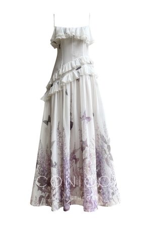 Butterfly Dance Purple Mist High-End Chiffon Ruffled Hem Long Dress - Fairy Style, Elegant Evening Wear, Perfect for Special Occasions