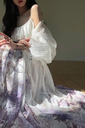 Butterfly Dance Purple Mist High-End Chiffon Ruffled Hem Long Dress - Fairy Style, Elegant Evening Wear, Perfect for Special Occasions