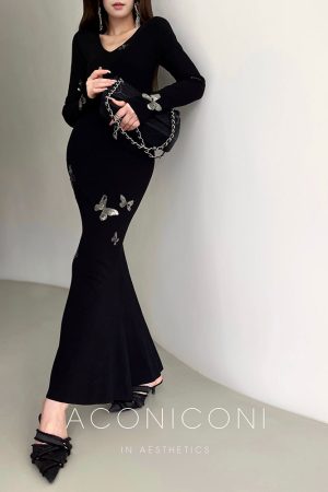 Butterfly Dream Embroidered Fitted Mermaid Knit Dress - French Style Slimming Evening Gown with Long Skirt, Elegant Night Out Fashion