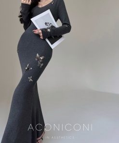 Butterfly Dream Embroidered Fitted Mermaid Knit Dress - French Style Slimming Evening Gown with Long Skirt, Elegant Night Out Fashion