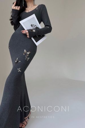 Butterfly Dream Embroidered Fitted Mermaid Knit Dress - French Style Slimming Evening Gown with Long Skirt, Elegant Night Out Fashion