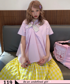 Butterfly Pink Striped Spliced Polka Dot Bow Short Sleeve Shirt for Spring/Summer - Trendy Y2K Style Top