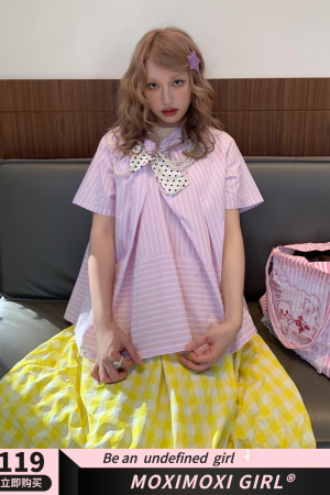 Butterfly Pink Striped Spliced Polka Dot Bow Short Sleeve Shirt for Spring/Summer - Trendy Y2K Style Top