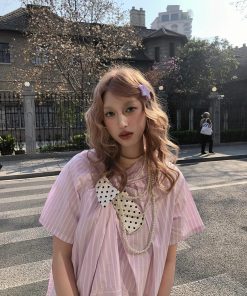 Butterfly Pink Striped Spliced Polka Dot Bow Short Sleeve Shirt for Spring/Summer - Trendy Y2K Style Top