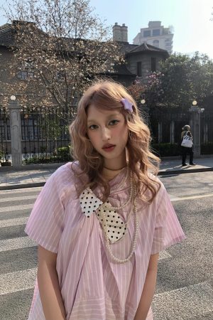 Butterfly Pink Striped Spliced Polka Dot Bow Short Sleeve Shirt for Spring/Summer - Trendy Y2K Style Top