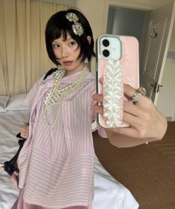 Butterfly Pink Striped Spliced Polka Dot Bow Short Sleeve Shirt for Spring/Summer - Trendy Y2K Style Top