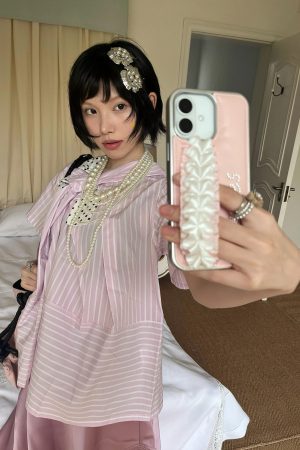 Butterfly Pink Striped Spliced Polka Dot Bow Short Sleeve Shirt for Spring/Summer - Trendy Y2K Style Top