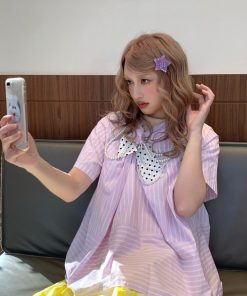 Butterfly Pink Striped Spliced Polka Dot Bow Short Sleeve Shirt for Spring/Summer - Trendy Y2K Style Top