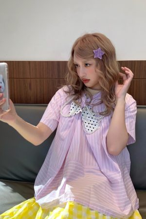Butterfly Pink Striped Spliced Polka Dot Bow Short Sleeve Shirt for Spring/Summer - Trendy Y2K Style Top