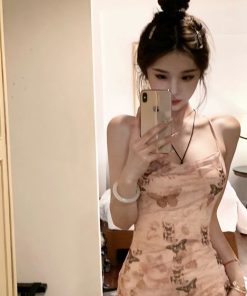 Butterfly Print Backless Camisole Dress for Women, Slim Fit Bodycon Mini Skirt, Sweet and Spicy Summer Style