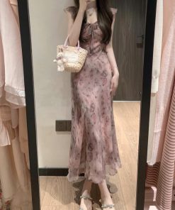 Butterfly Print Ruffled Hem Dress for Women - Waist-Cinching, Stylish Vacation Long Dress, Summer 2025 Trendy Look