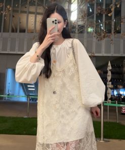 Button-Up Artist Lantern Sleeve Shirt Dress for Women, Loose Fit & Slimming Design, Spring 2025 Fashion