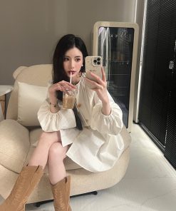 Button-Up Artist Lantern Sleeve Shirt Dress for Women, Loose Fit & Slimming Design, Spring 2025 Fashion