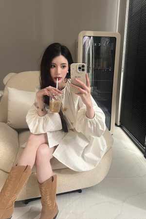 Button-Up Artist Lantern Sleeve Shirt Dress for Women, Loose Fit & Slimming Design, Spring 2025 Fashion