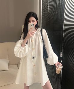 Button-Up Artist Lantern Sleeve Shirt Dress for Women, Loose Fit & Slimming Design, Spring 2025 Fashion