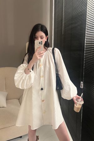 Button-Up Artist Lantern Sleeve Shirt Dress for Women, Loose Fit & Slimming Design, Spring 2025 Fashion