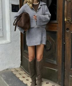 Button Up Shirt Outfit Aesthetic, Pretty Outfits Fancy - Preppy Knitted Cardigan & Mini Skirt Two Piece Set