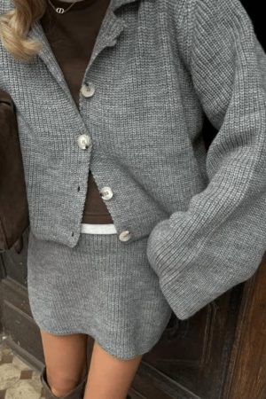 Button Up Shirt Outfit Aesthetic, Pretty Outfits Fancy - Preppy Knitted Cardigan & Mini Skirt Two Piece Set