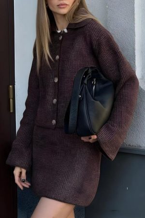 Button Up Shirt Outfit Aesthetic, Pretty Outfits Fancy - Preppy Knitted Cardigan & Mini Skirt Two Piece Set