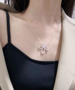 Camellia Flower Necklace for Women, Diamond-Encrusted Pendant, Long Clavicle Chain, Super Fairy Design, Versatile Floral Jewelry