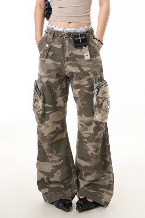 Camouflage 3D Pocket Work Pants for Women - American Vintage Loose Straight Leg High Street Casual Trousers