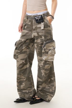 Camouflage 3D Pocket Work Pants for Women - American Vintage Loose Straight Leg High Street Casual Trousers
