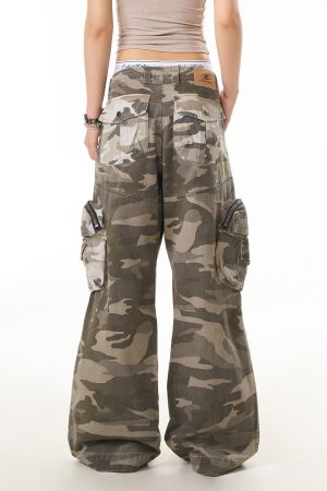 Camouflage 3D Pocket Work Pants for Women - American Vintage Loose Straight Leg High Street Casual Trousers