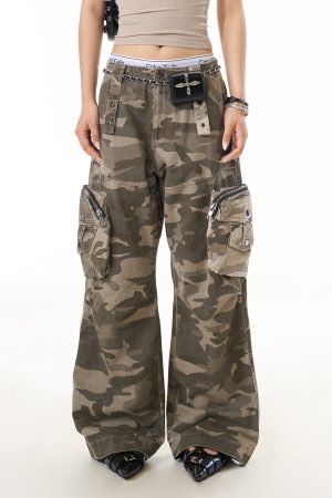 Camouflage 3D Pocket Work Pants for Women - American Vintage Loose Straight Leg High Street Casual Trousers