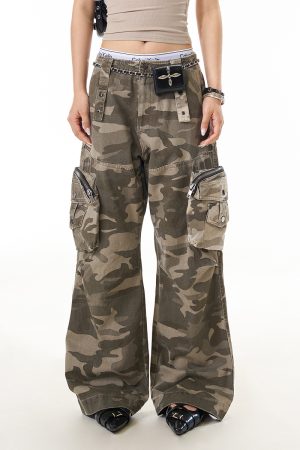 Camouflage 3D Pocket Work Pants for Women - American Vintage Loose Straight Leg High Street Casual Trousers