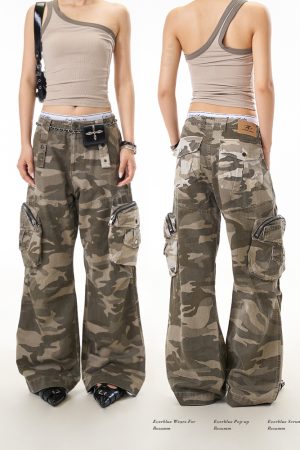 Camouflage 3D Pocket Work Pants for Women - American Vintage Loose Straight Leg High Street Casual Trousers