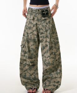 Camouflage Cargo Pants for Women - American-Style Curved Knife Design, Multi-Pocket, Loose Straight-Leg, Wasteland Casual Wear