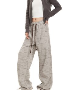 Camouflage Fleece-Lined Sports Pants for Women, Trendy Straight-Leg American Retro Style, Loose Draping Casual Trousers