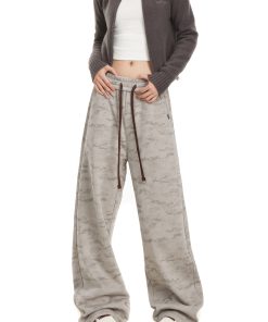 Camouflage Fleece-Lined Sports Pants for Women, Trendy Straight-Leg American Retro Style, Loose Draping Casual Trousers