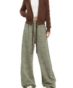 Camouflage Fleece-Lined Sports Pants for Women, Trendy Straight-Leg American Retro Style, Loose Draping Casual Trousers