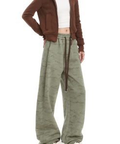Camouflage Fleece-Lined Sports Pants for Women, Trendy Straight-Leg American Retro Style, Loose Draping Casual Trousers