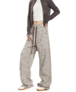 Camouflage Fleece-Lined Sports Pants for Women, Trendy Straight-Leg American Retro Style, Loose Draping Casual Trousers