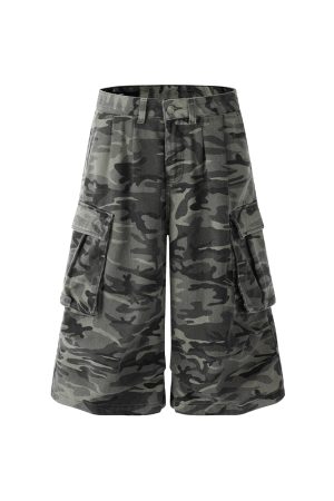 Camouflage Loose Cargo Shorts for Men - Outdoor Mountain Series, Summer Three-Quarter Pants with Multiple Pockets, Casual Hiking Wear