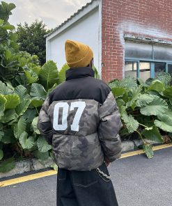 Camouflage Patchwork Jersey Windproof Cotton Jacket for Men & Women - Thick Winter Coat, American Style, Trendy Streetwear