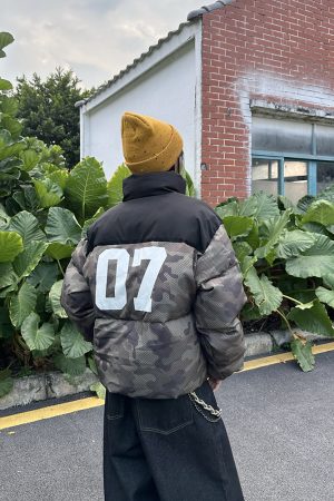 Camouflage Patchwork Jersey Windproof Cotton Jacket for Men & Women - Thick Winter Coat, American Style, Trendy Streetwear