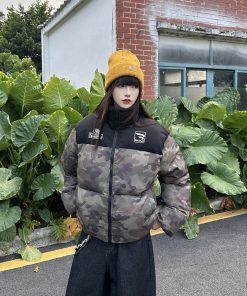 Camouflage Patchwork Jersey Windproof Cotton Jacket for Men & Women - Thick Winter Coat, American Style, Trendy Streetwear