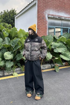 Camouflage Patchwork Jersey Windproof Cotton Jacket for Men & Women - Thick Winter Coat, American Style, Trendy Streetwear