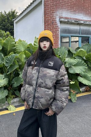 Camouflage Patchwork Jersey Windproof Cotton Jacket for Men & Women - Thick Winter Coat, American Style, Trendy Streetwear