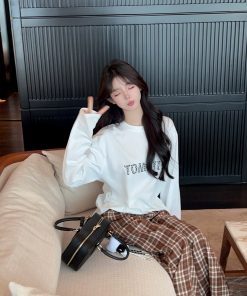 Caramel Color Plaid Wide Leg Pants for Women - High Waist Loose Straight Casual Trousers for Autumn Winter Fashion