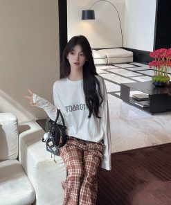 Caramel Color Plaid Wide Leg Pants for Women - High Waist Loose Straight Casual Trousers for Autumn Winter Fashion