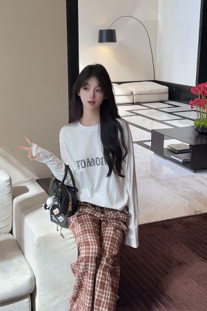 Caramel Color Plaid Wide Leg Pants for Women - High Waist Loose Straight Casual Trousers for Autumn Winter Fashion