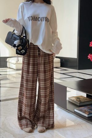 Caramel Color Plaid Wide Leg Pants for Women - High Waist Loose Straight Casual Trousers for Autumn Winter Fashion