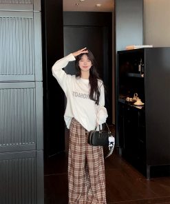 Caramel Color Plaid Wide Leg Pants for Women - High Waist Loose Straight Casual Trousers for Autumn Winter Fashion